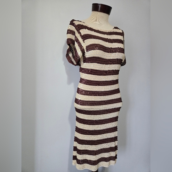 FRENCH CONNECTION NWT Striped Sequined Dress in Cream and Brown. Size 6 - Picture 2 of 13